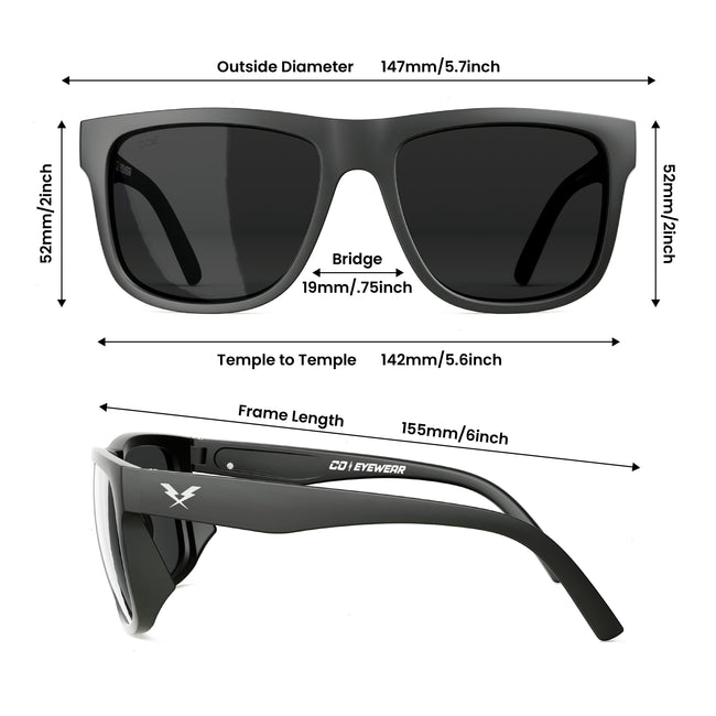 Black sunglasses with measurements labeled on a white background