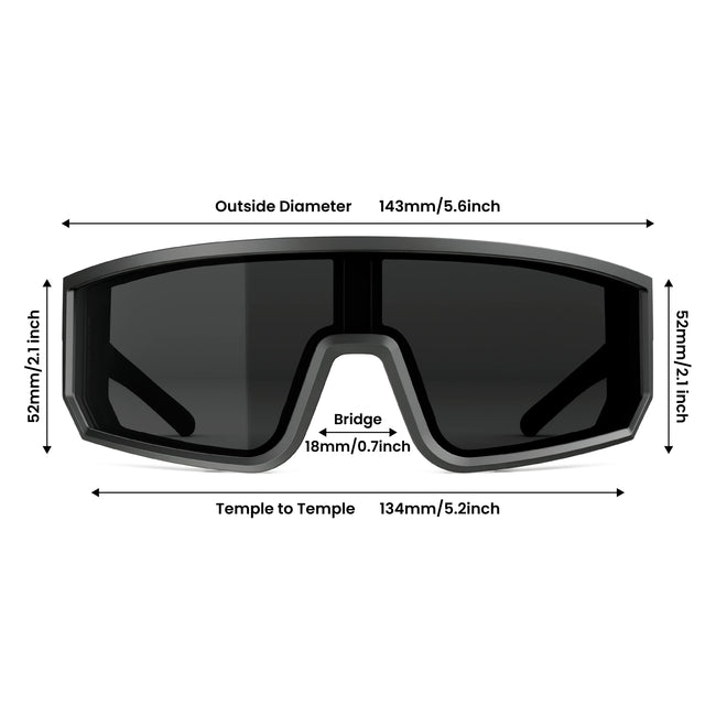 Sunglasses with dimensions labeled on a white background
