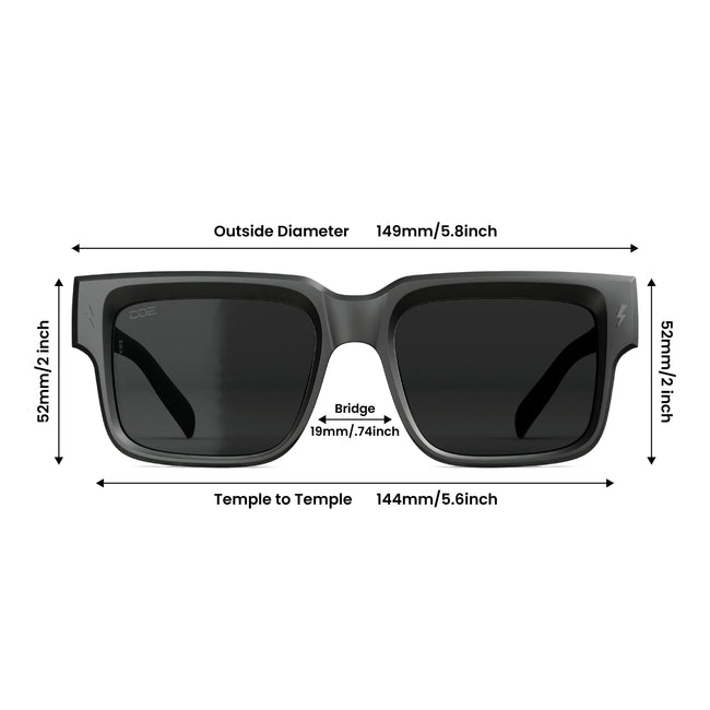 Sunglasses with labeled dimensions on a white background
