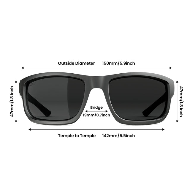 Sunglasses with dimensions labeled on a white background