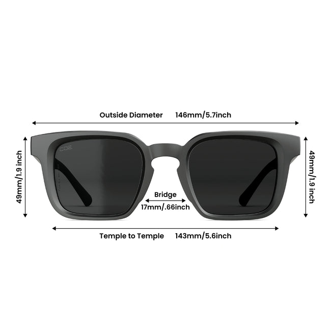Sunglasses with dimensions labeled on a white background