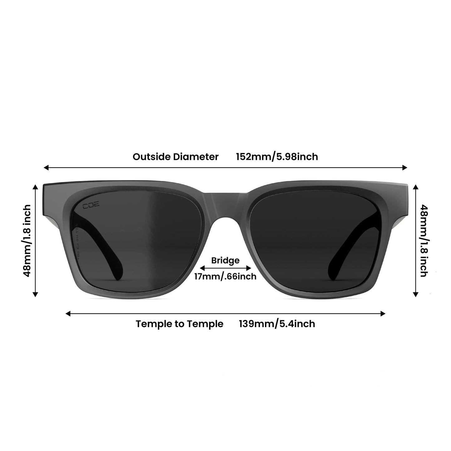 Measurement chart of sunglasses with dimensions labeled
