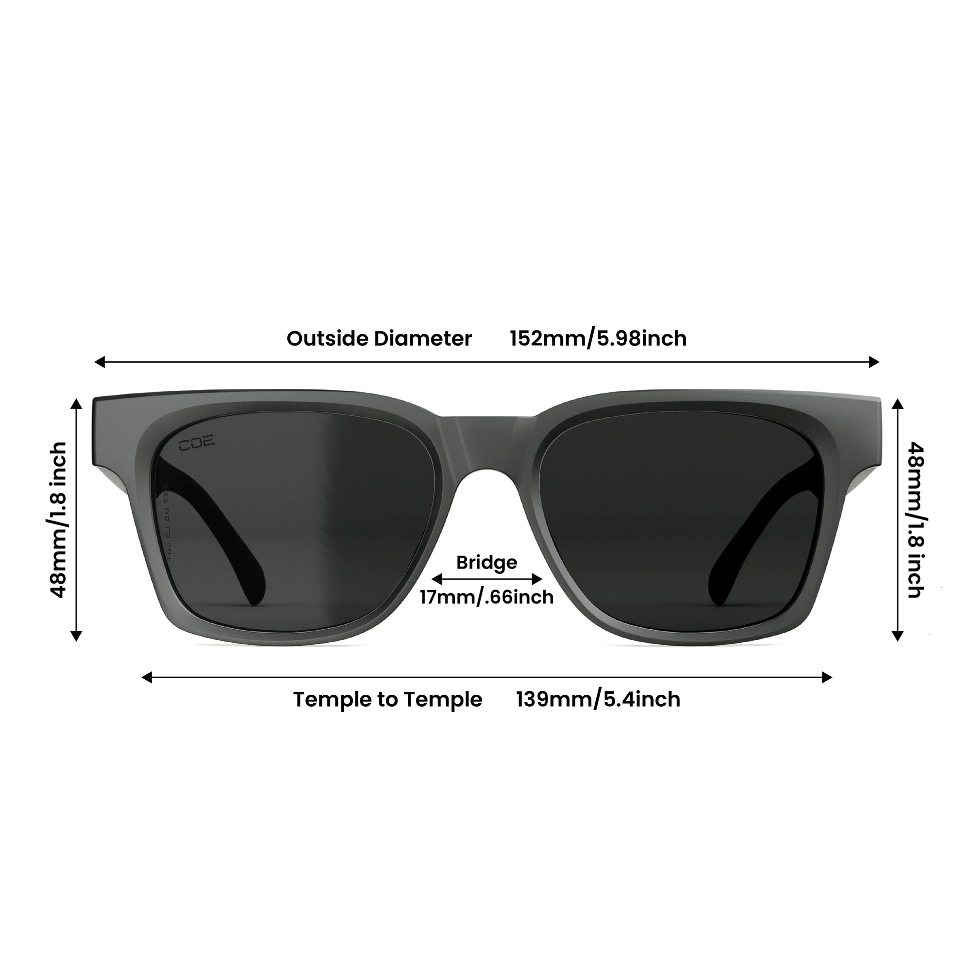 Measurement chart of sunglasses with dimensions labeled