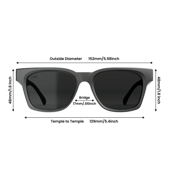 Measurement chart of sunglasses with dimensions labeled
