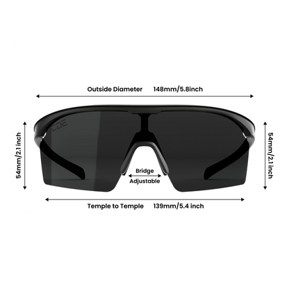 Sunglasses with dimensions labeled on a white background