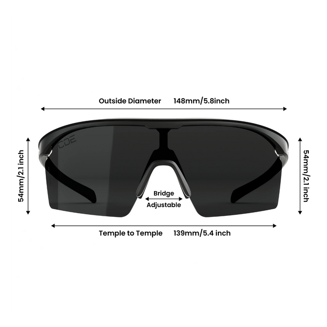 Sunglasses with dimensions labeled on a white background