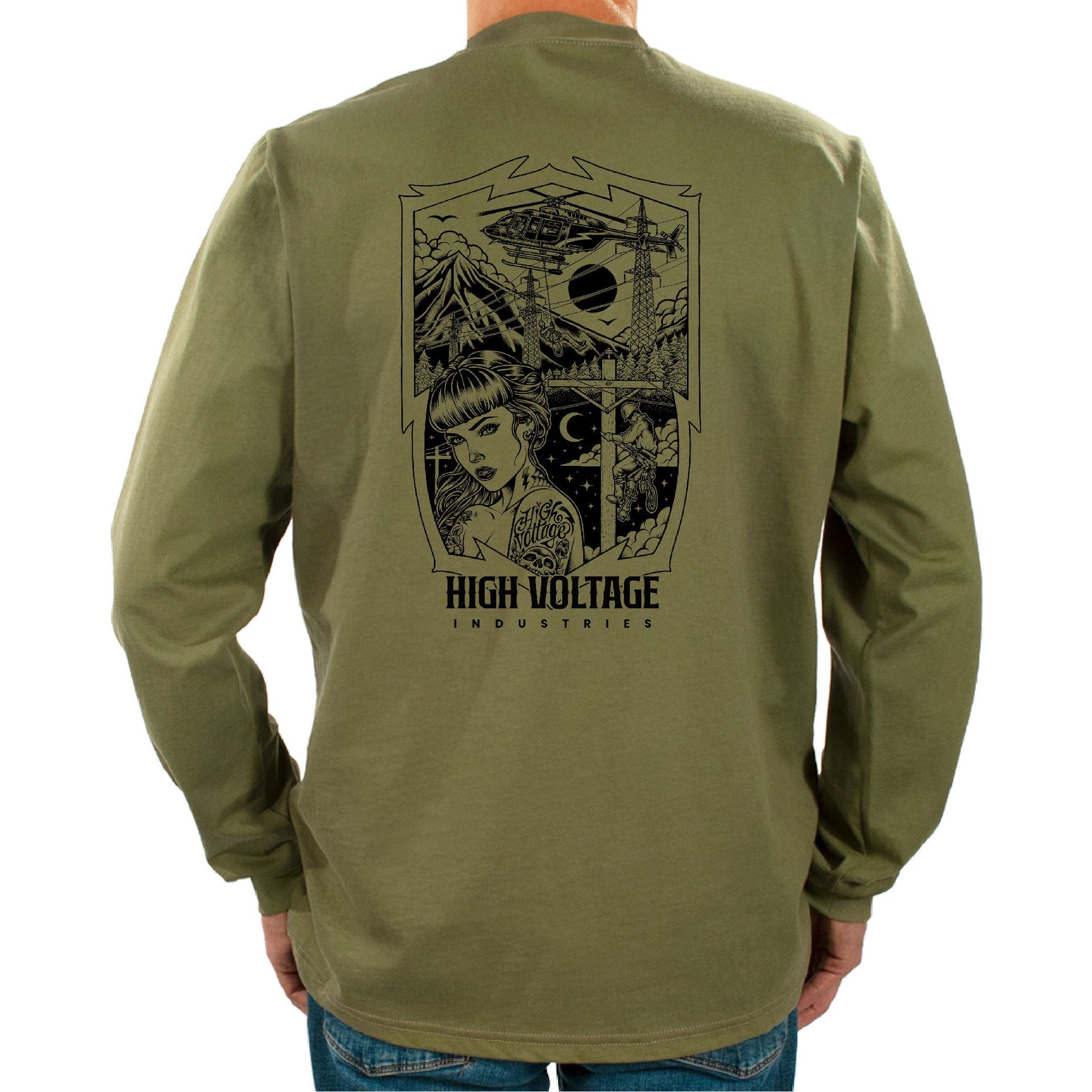 Flame Resistant Army Green long-sleeve HVI x Benchmark HV Dreamer FR shirt with black Vixen design on the back