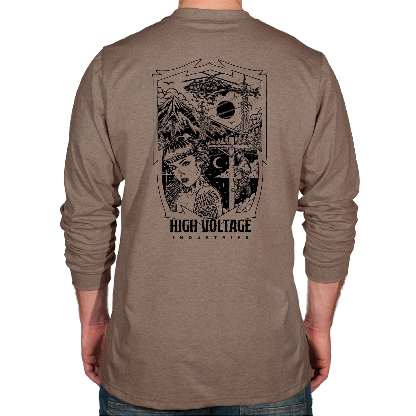 Heather Brown long-sleeve HVI x Benchmark Dreamer FR shirt with the Dreamer graphic design on the back, featuring HVI logo'.