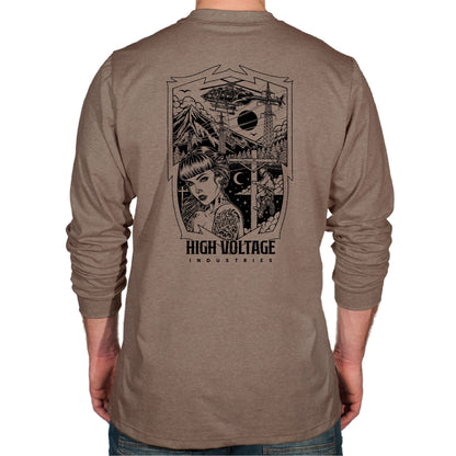 Heather Brown long-sleeve HVI x Benchmark Dreamer FR shirt with the Dreamer graphic design on the back, featuring HVI logo'.
