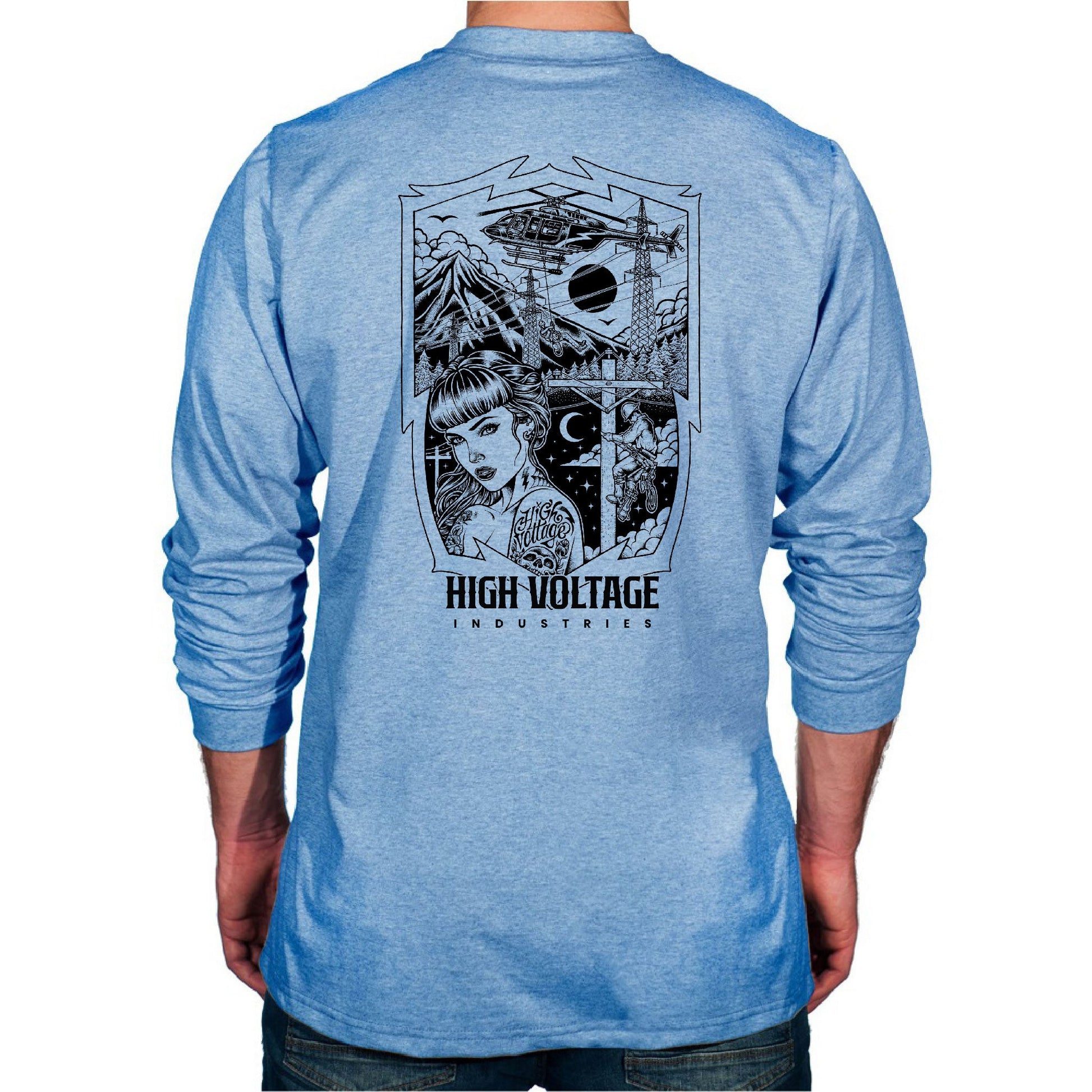 Light Blue long-sleeve HVI x Benchmark Dreamer FR shirt with the Dreamer graphic design on the back.