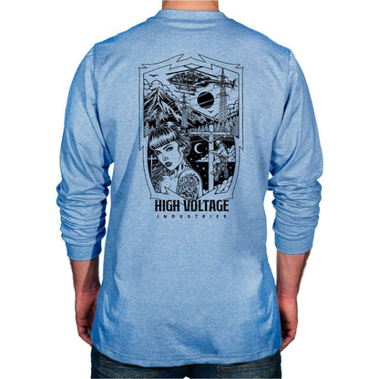 Light Blue long-sleeve HVI x Benchmark Dreamer FR shirt with the Dreamer graphic design on the back.