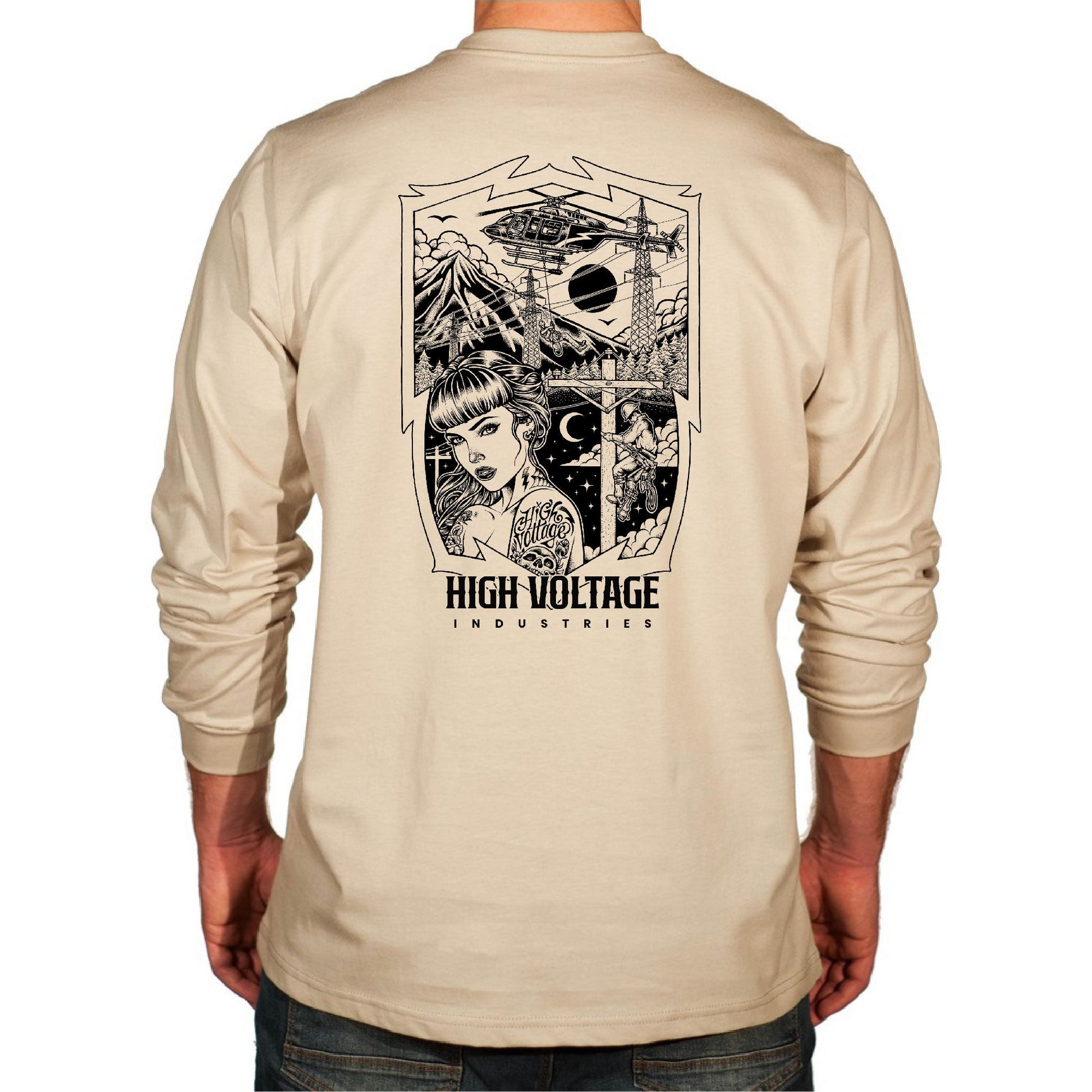 Beige long-sleeve HVI x Benchmark Dreamer FR shirt with the Dreamer graphic design on the back.