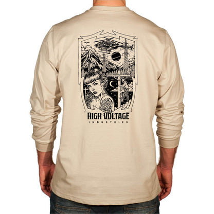 Beige long-sleeve HVI x Benchmark Dreamer FR shirt with the Dreamer graphic design on the back.
