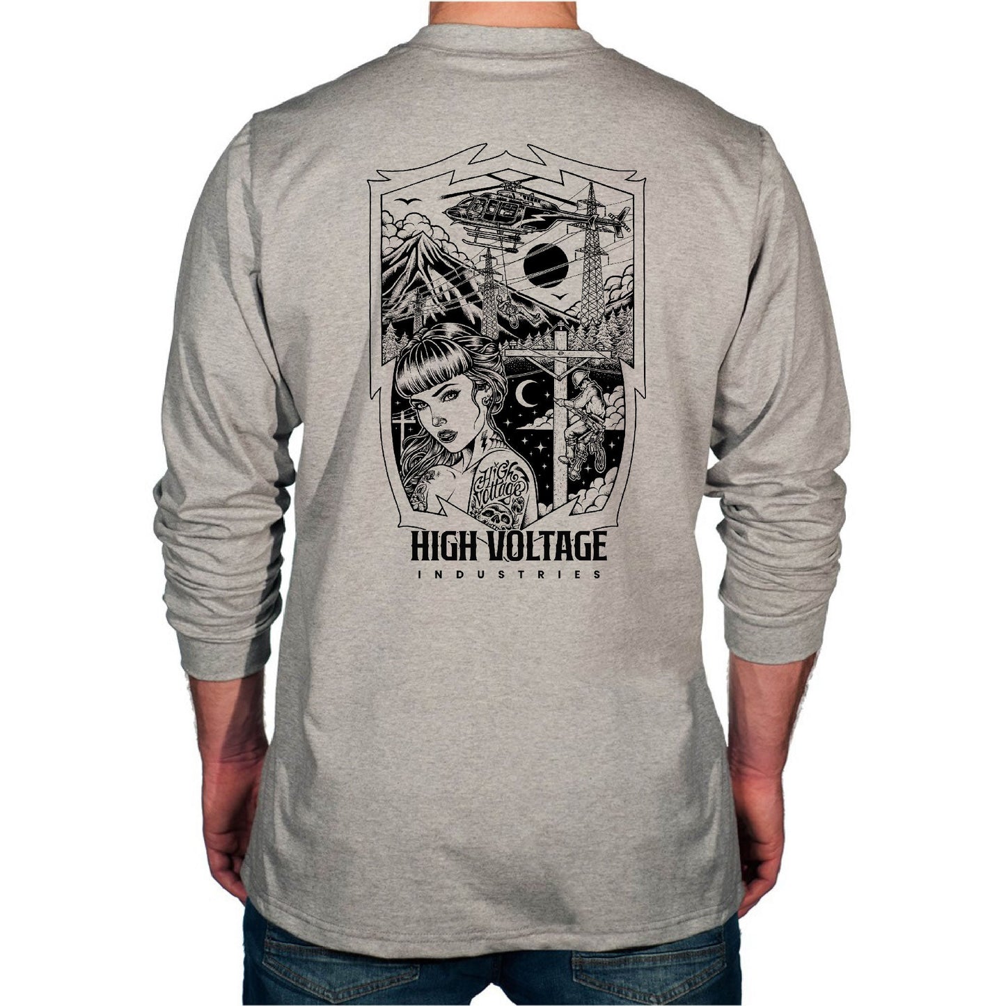 Light Blue long-sleeve HVI x Benchmark Dreamer FR shirt with the Dreamer graphic design on the back.