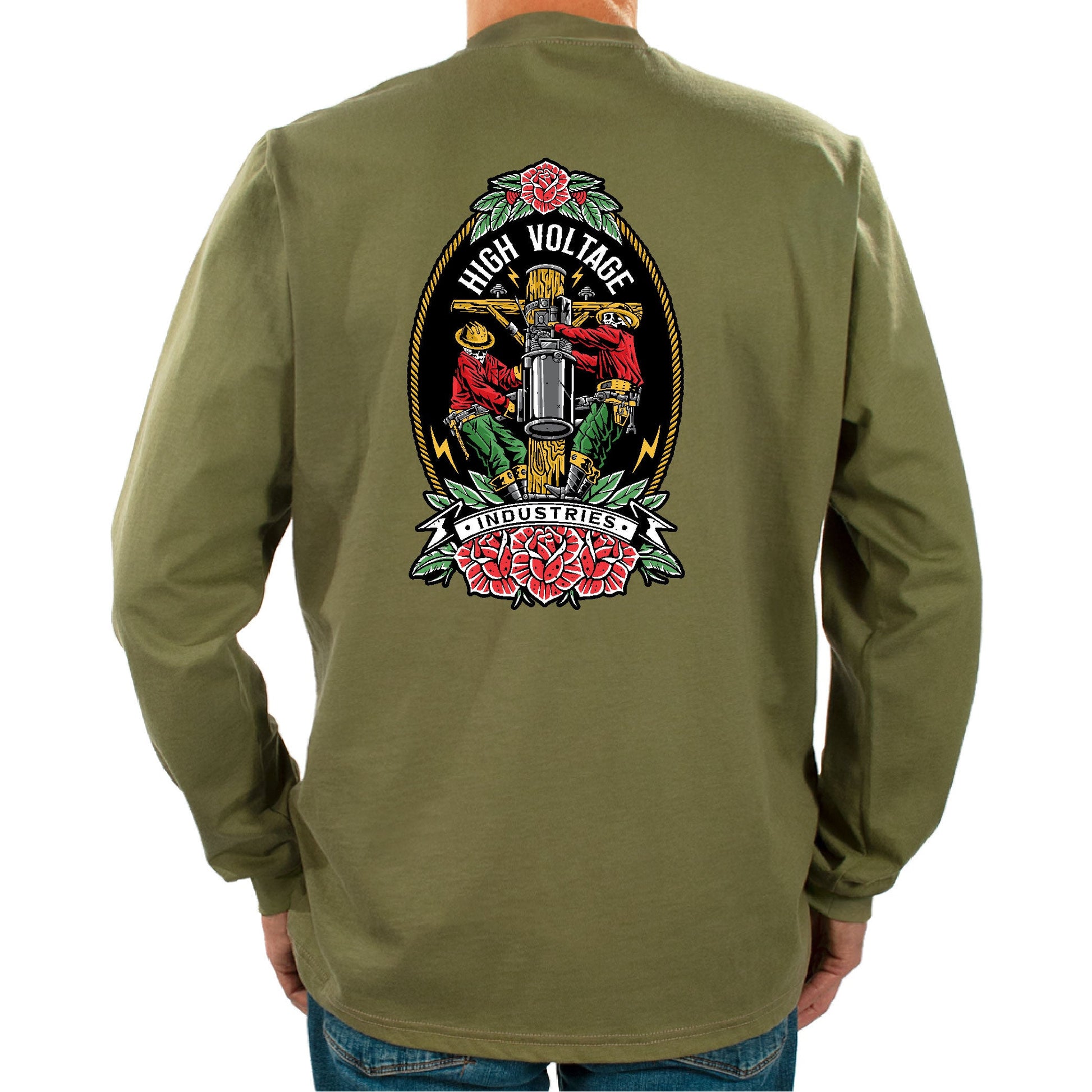 Army Green long-sleeve shirt with a graphic design on the back against a white background