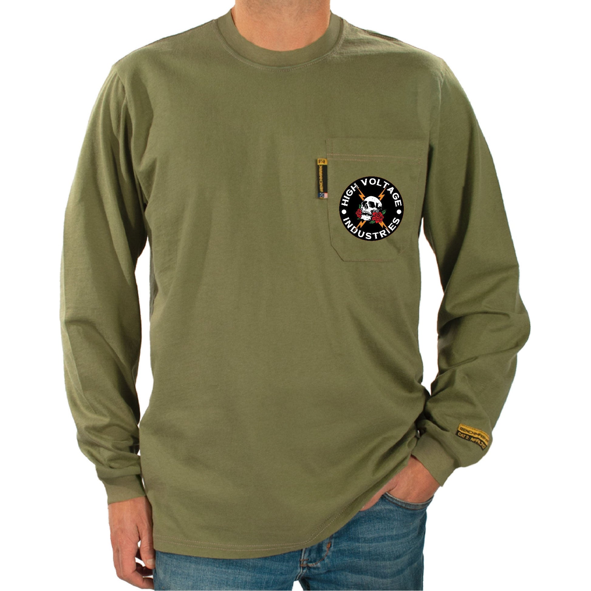 Army Green long-sleeve shirt with a logo on the chest pocket against a white background