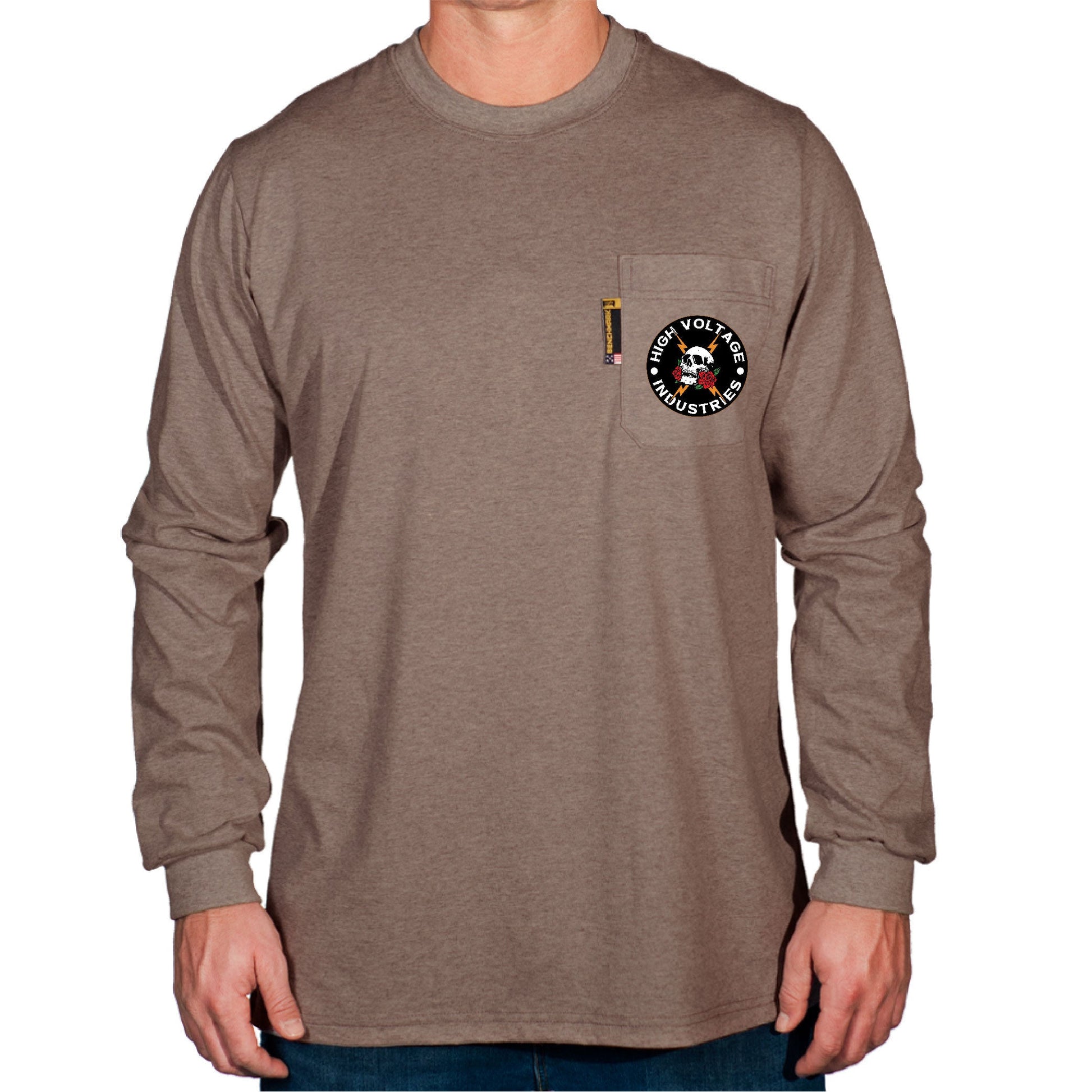 Heather Brown long-sleeve shirt with a logo on the chest pocket against a white background