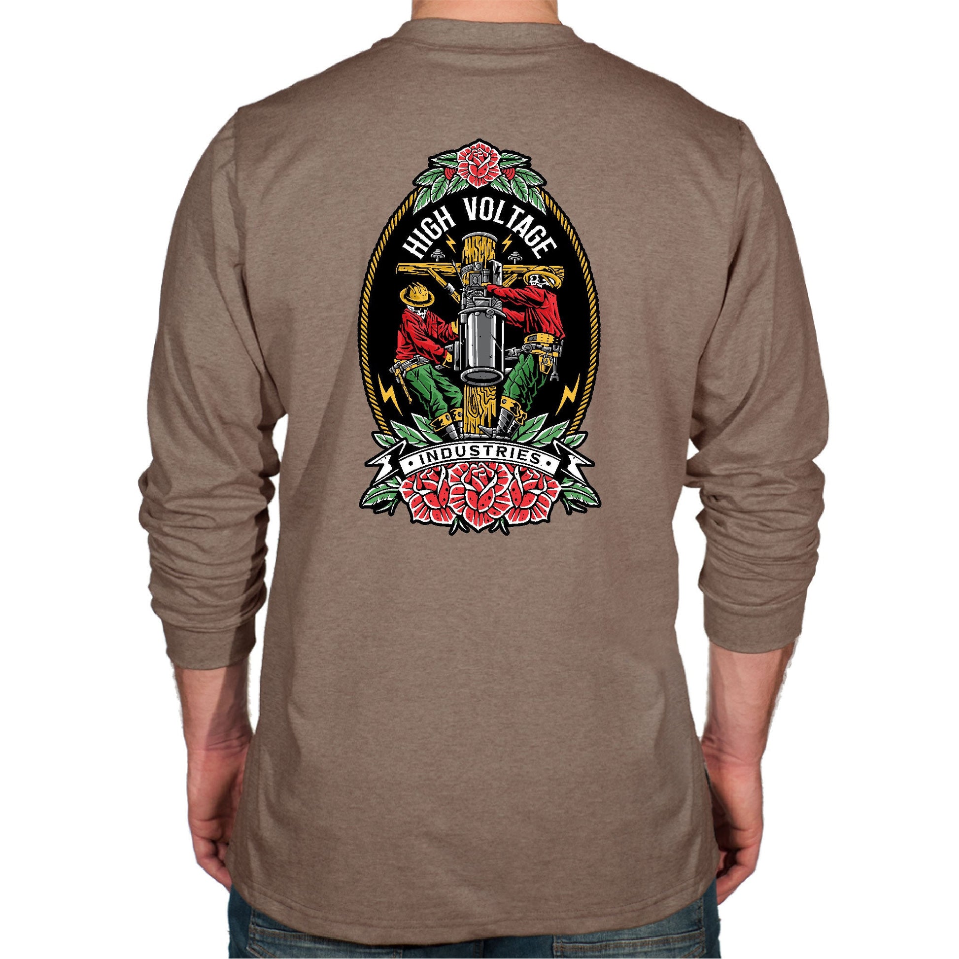 Heather Brown long-sleeve shirt with a graphic design on the back against a white background
