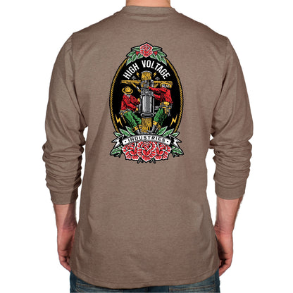 Heather Brown long-sleeve shirt with a graphic design on the back against a white background