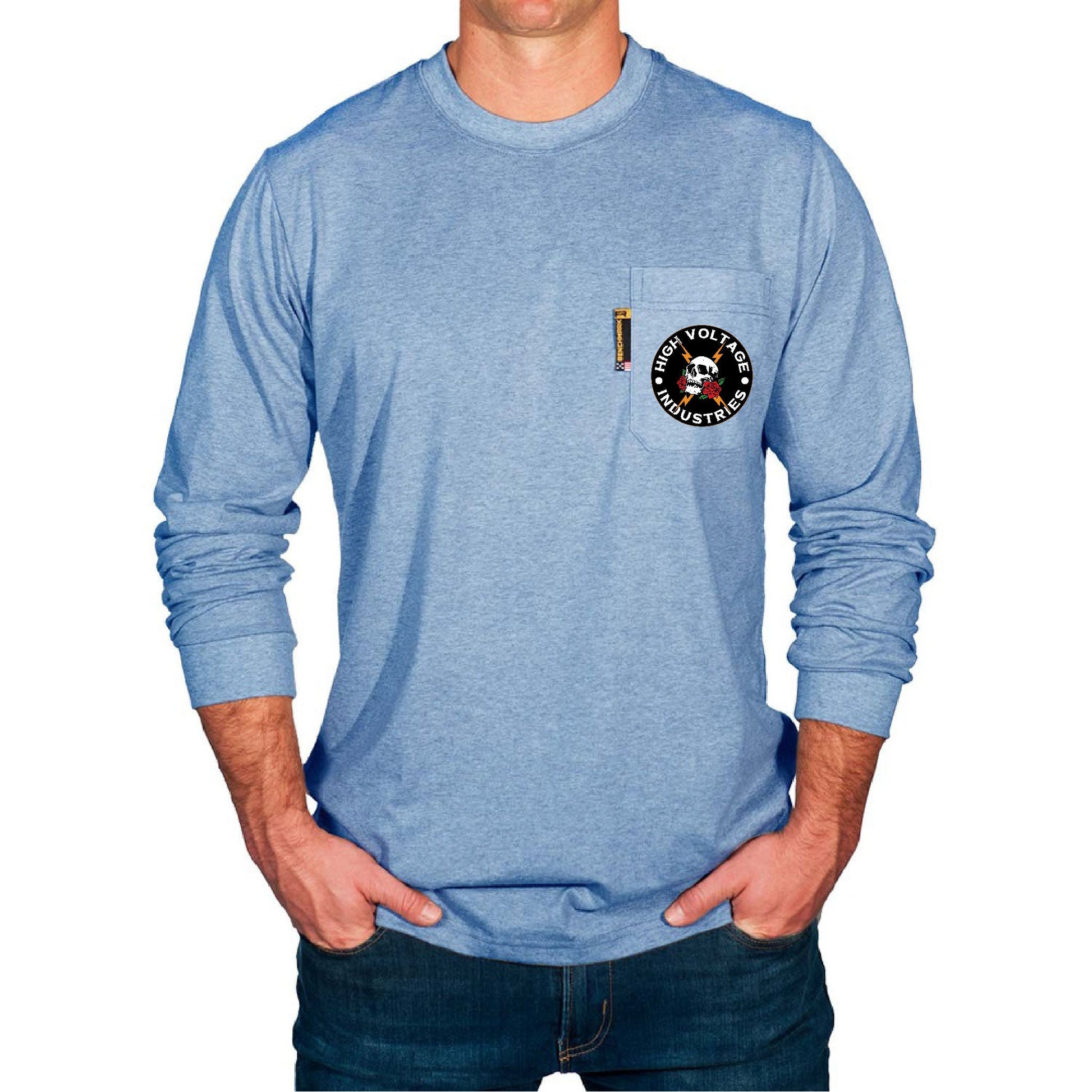 Light Blue long-sleeve shirt with a logo on the chest pocket against a white background