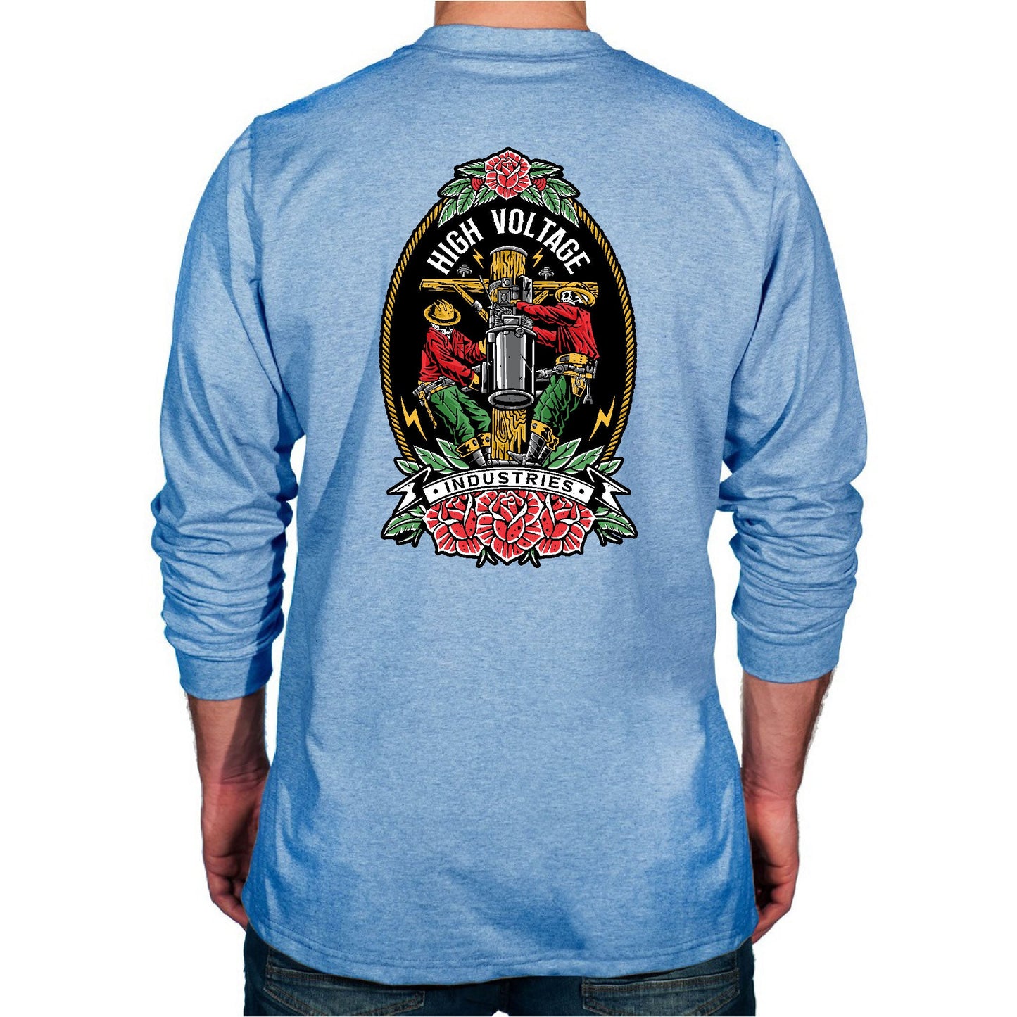 Light Blue long-sleeve shirt with a graphic design on the back, featuring roses and a cross.