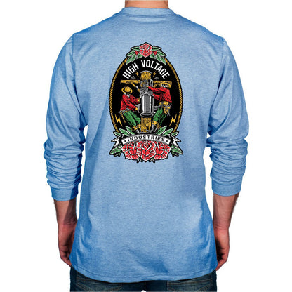Light Blue long-sleeve shirt with a graphic design on the back, featuring roses and a cross.