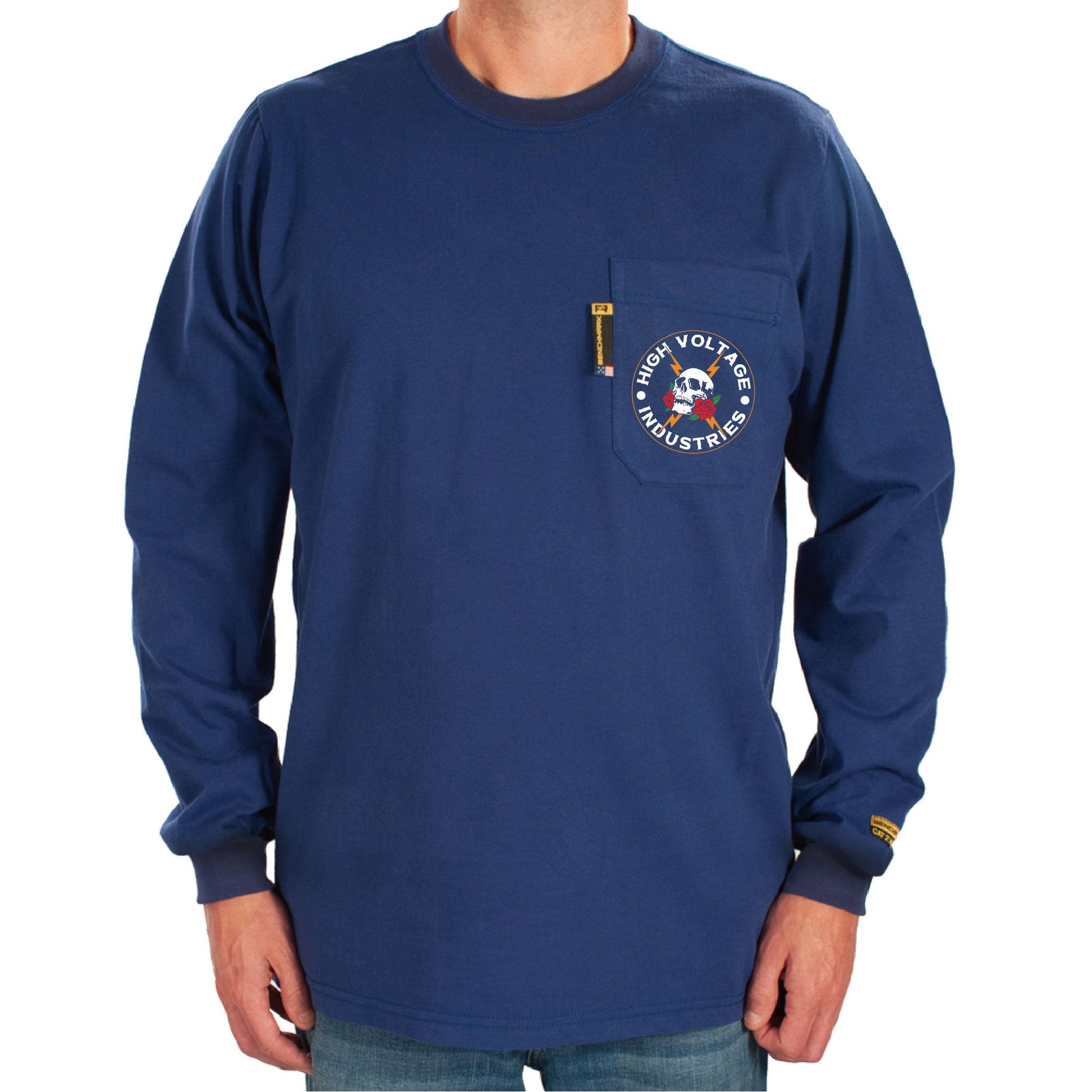 Dark Royal Blue long-sleeve shirt with a logo on the chest pocket against a white background