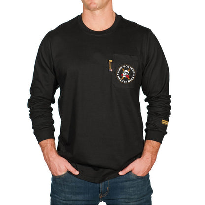 Black long-sleeve shirt with a logo on the chest pocket worn by a person.