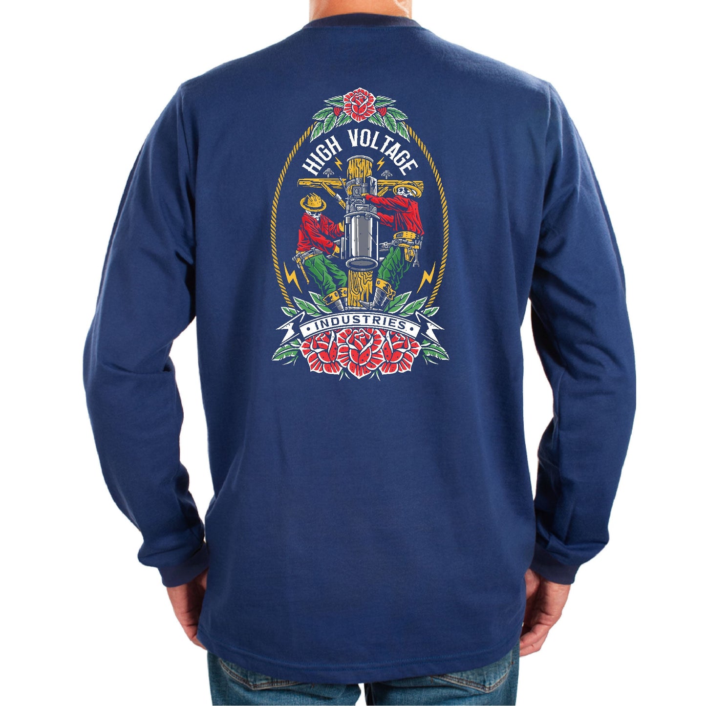 Dark Royal Blue long-sleeve shirt with a colorful graphic on the back, featuring roses and text.