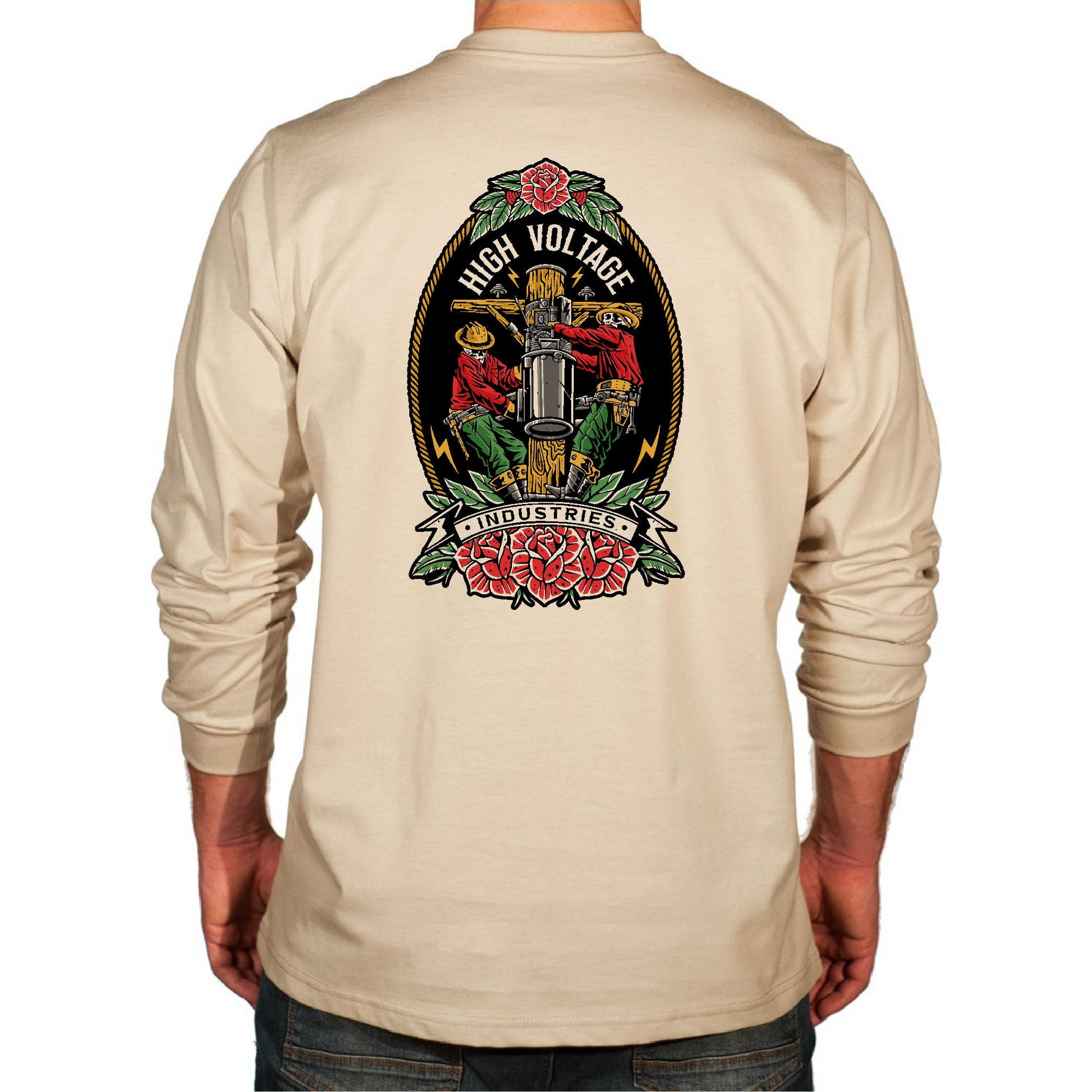 Beige long-sleeve shirt with a graphic design on the back, featuring roses and a cross.