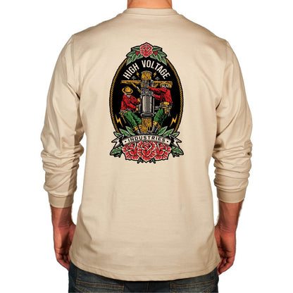 Beige long-sleeve shirt with a graphic design on the back, featuring roses and a cross.