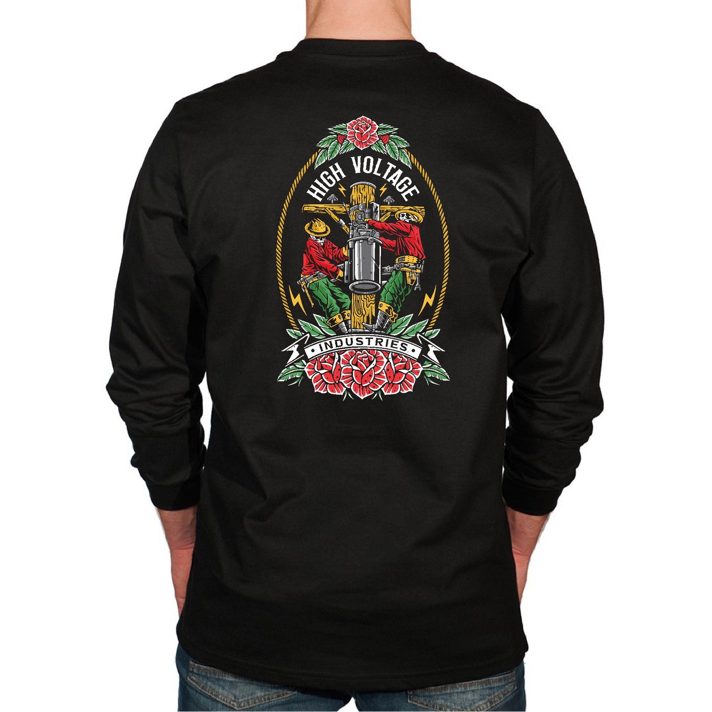 Black long-sleeve shirt with a colorful graphic on the back, featuring roses and a central design.