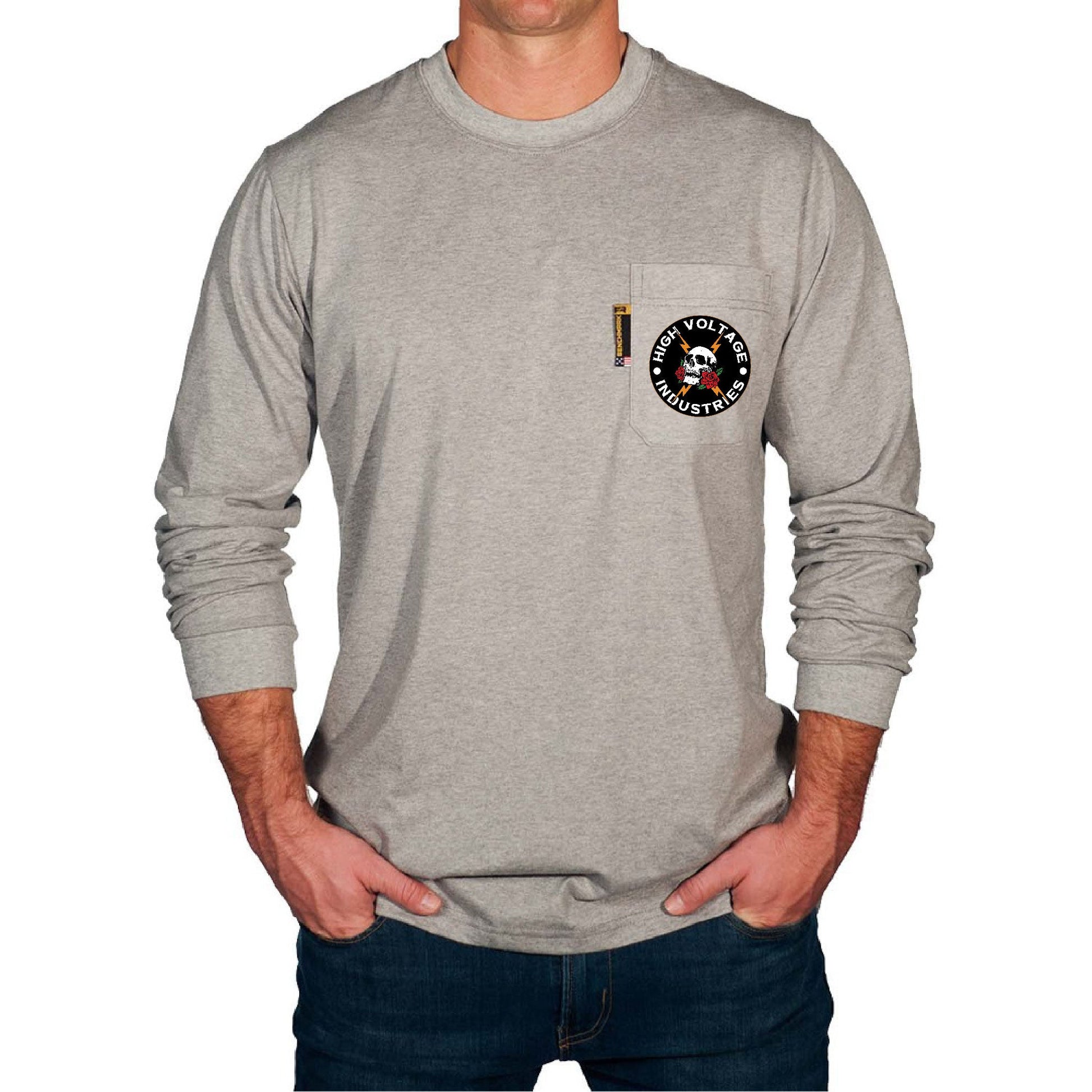 Light Gray long-sleeve shirt with a logo on the chest pocket against a white background