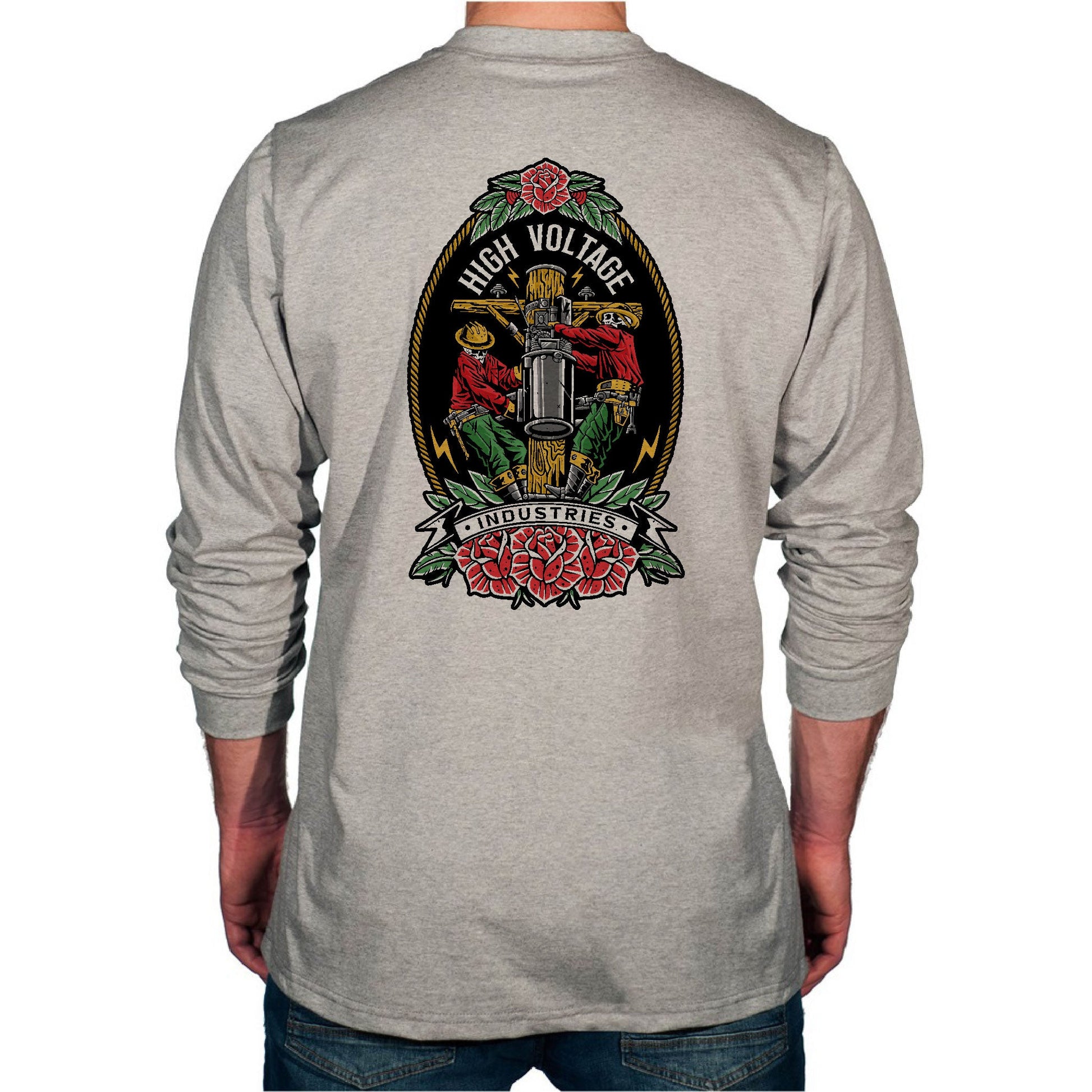 Light Gray long-sleeve shirt with a graphic design on the back, featuring roses and a cross.