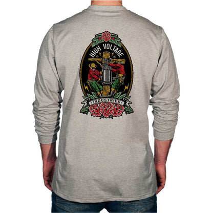 Light Gray long-sleeve shirt with a graphic design on the back, featuring roses and a cross.