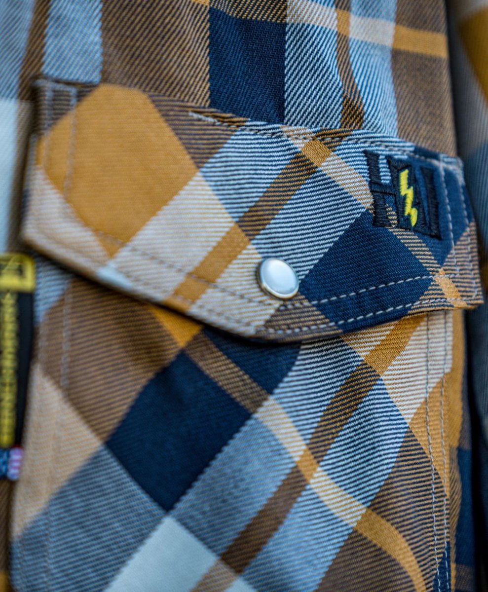 【time is on】PLAID HEAVY COTTON SHIRT HVI x Benchmark FR Plaid (Navy & Rust) | High Voltage Industries
