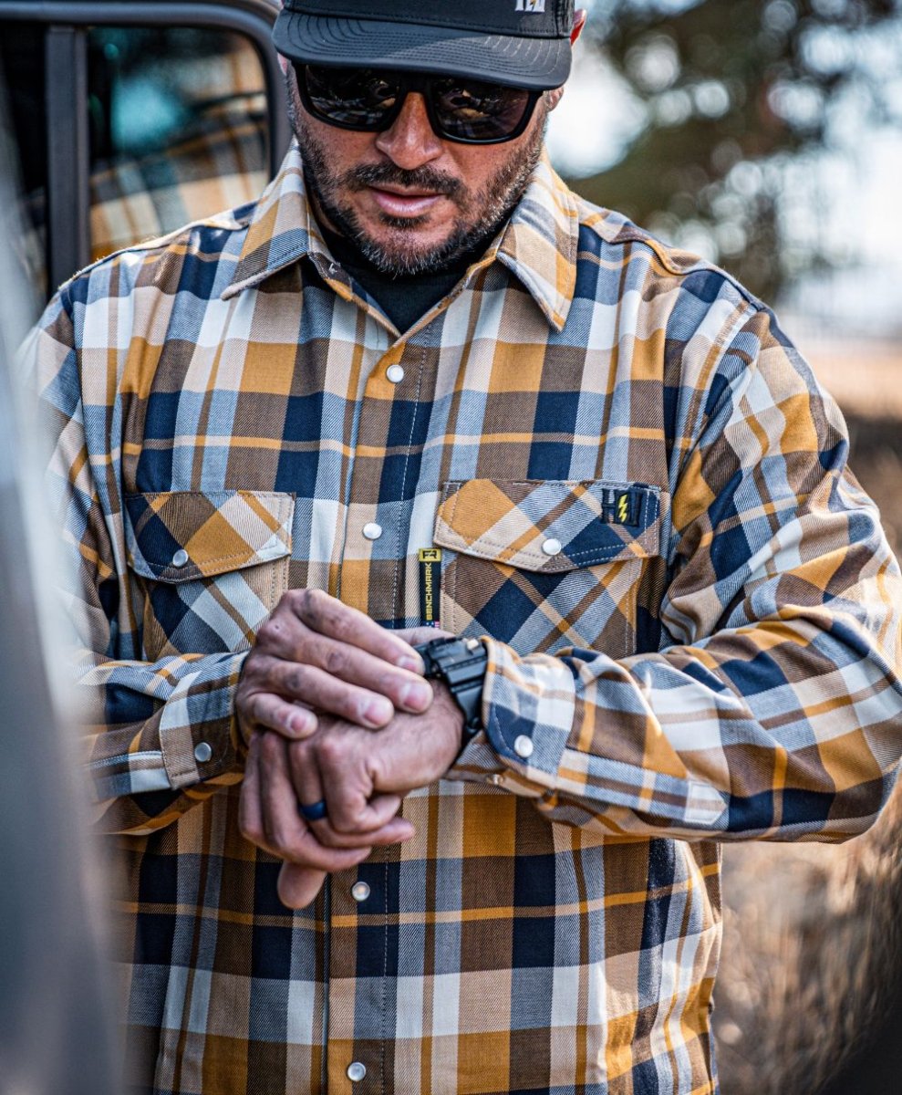 HVI x Benchmark FR Plaid (Navy & Rust) | High Voltage Industries