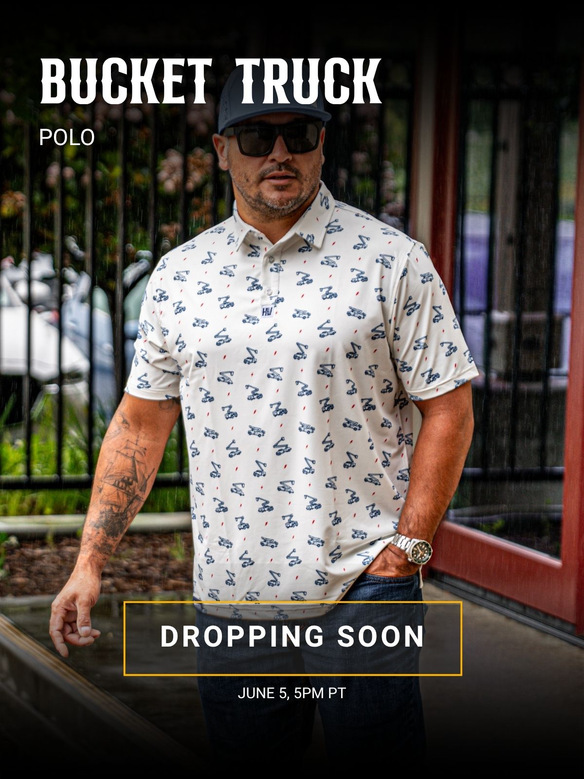 Man wearing a patterned shirt with 'Bucket Truck' branding, standing outdoors.