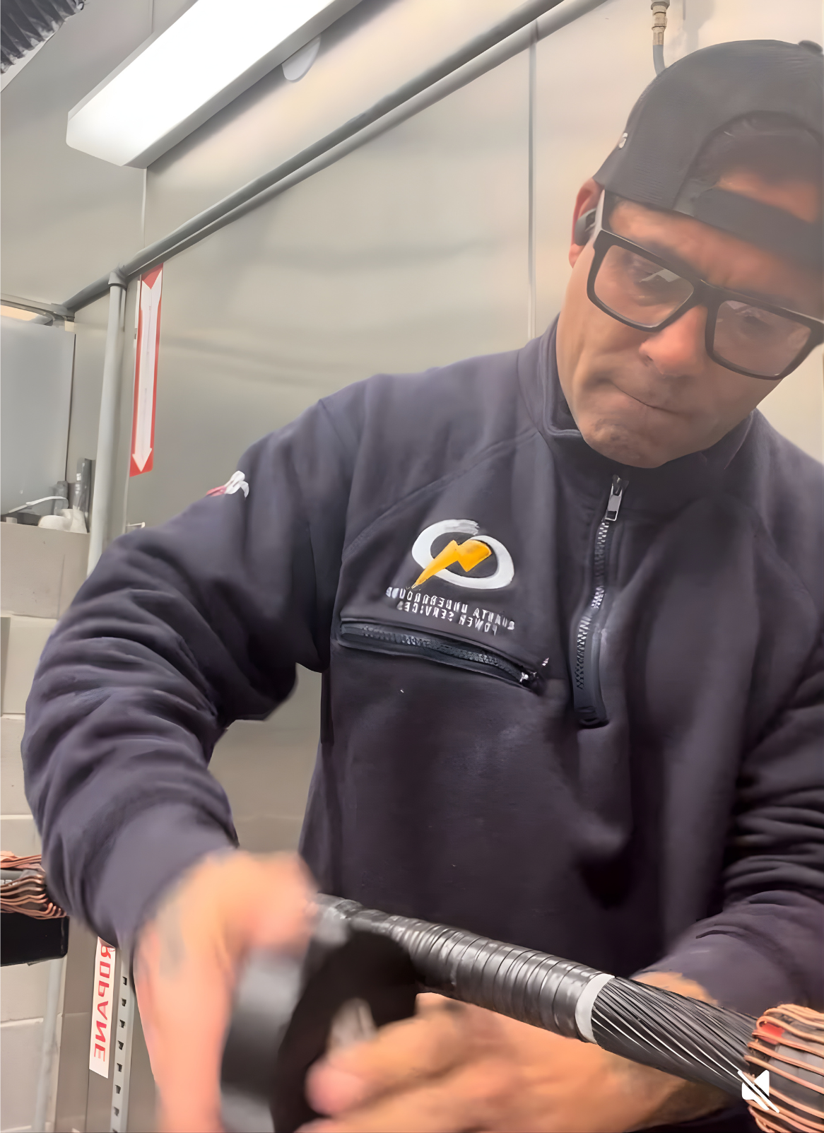 Mark Savage applying insulation tape to an underground power cable inside a workshop