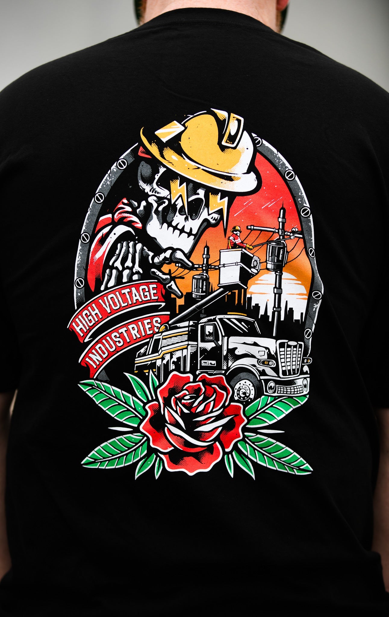 Close up Back Design of Guardian Tee - High Voltage Industries