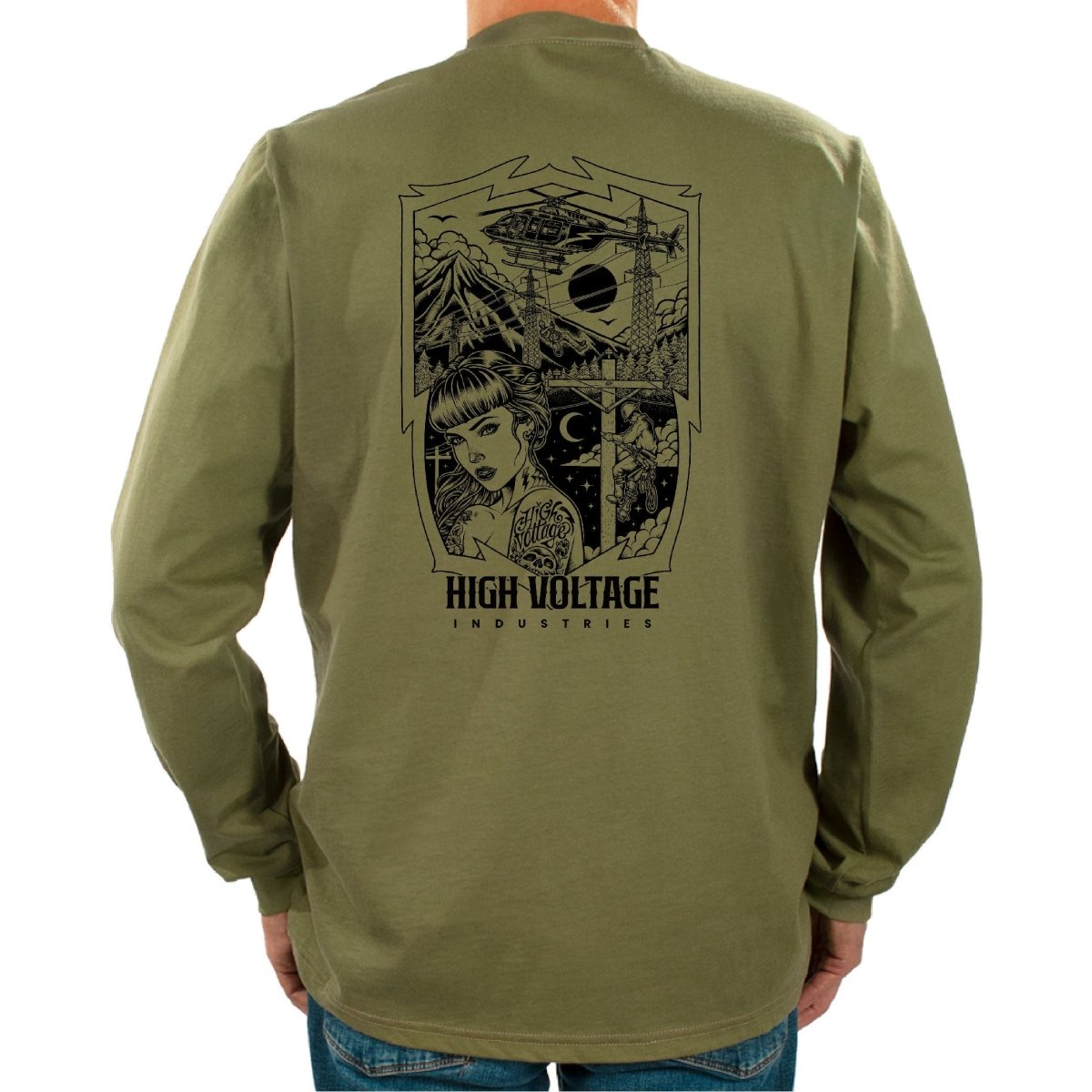 Flame Resistant Army Green long-sleeve HVI x Benchmark HV Dreamer FR shirt with black Vixen design on the back