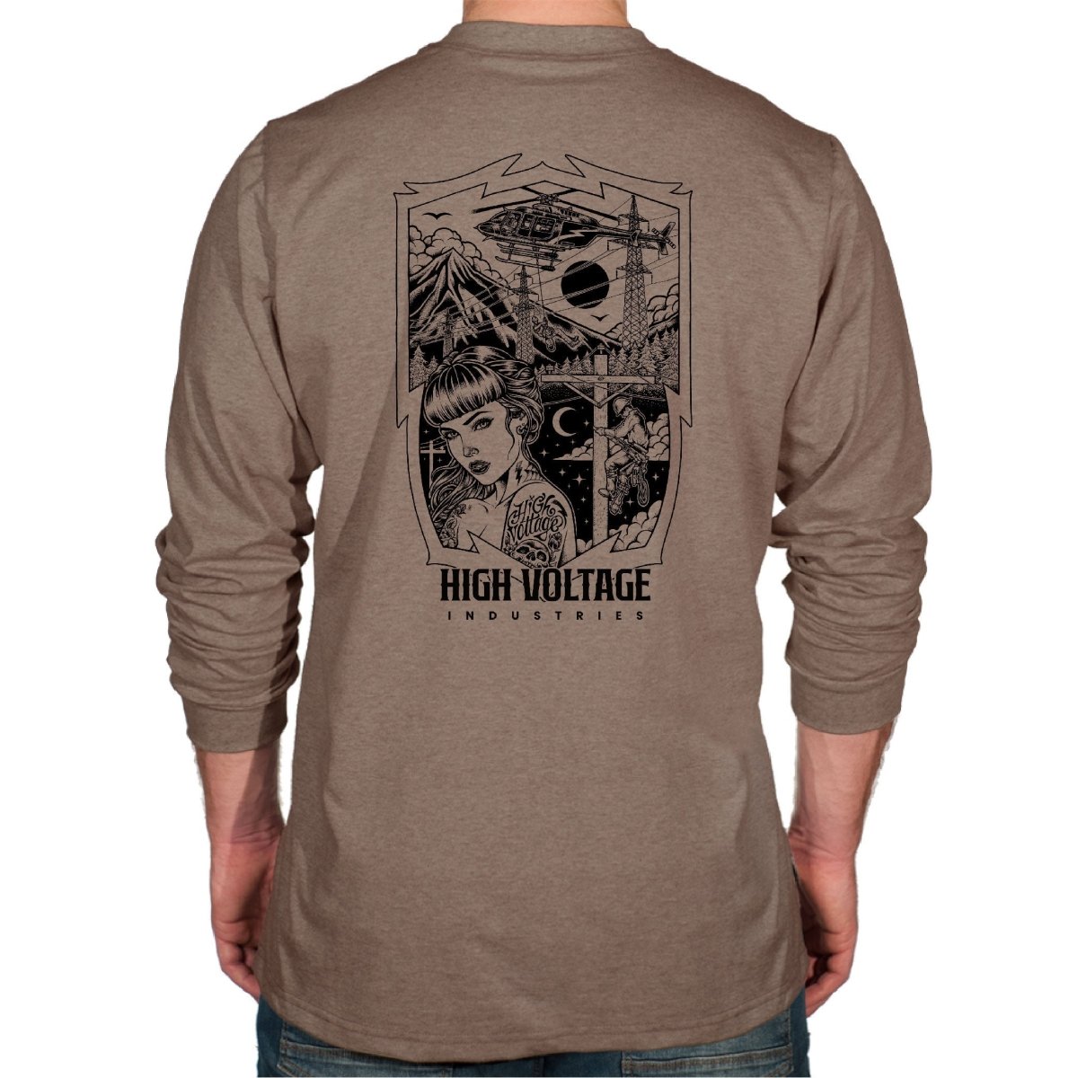 Heather Brown long-sleeve HVI x Benchmark Dreamer FR shirt with the Dreamer graphic design on the back, featuring HVI logo'.