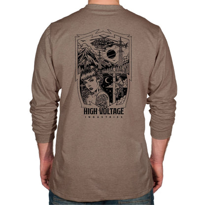 Heather Brown long-sleeve HVI x Benchmark Dreamer FR shirt with the Dreamer graphic design on the back, featuring HVI logo'.