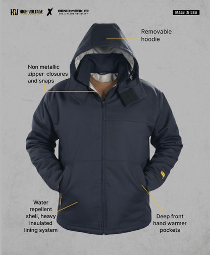 HVI x Benchmark FR - Heavyweight Insulated Bomber Jacket & Removable Hood - High Voltage Industries