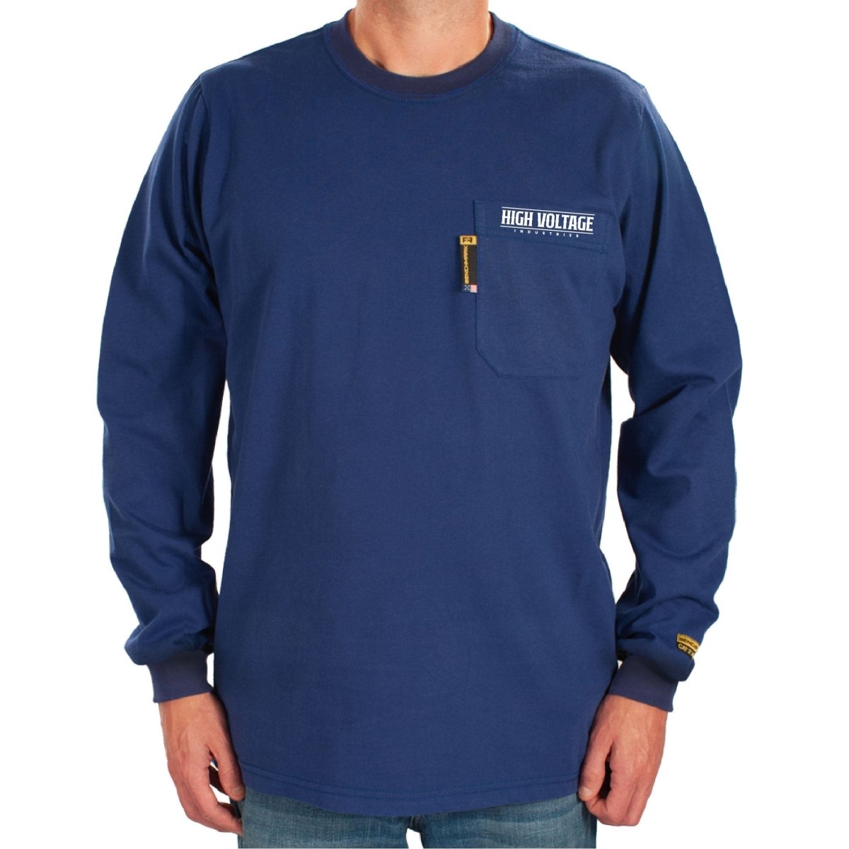Flame Resistant Dark Royal Blue long-sleeve HVI x Benchmark HV Vixen FR shirt with high voltage text on the chest pocket