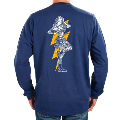 Flame Resistant dark royal blue long-sleeve HVI x Benchmark HV Vixen FR shirt with black Vixen design on the back