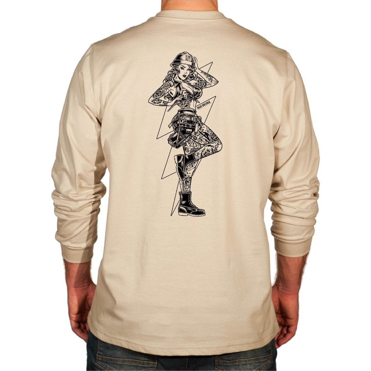 Flame Resistant beige long-sleeve HVI x Benchmark HV Vixen FR shirt with black Vixen design on the back