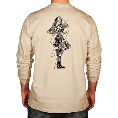 Flame Resistant beige long-sleeve HVI x Benchmark HV Vixen FR shirt with black Vixen design on the back
