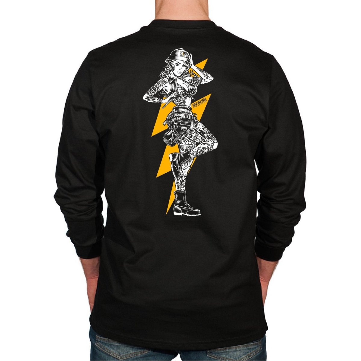 Flame Resistant black long-sleeve HVI x Benchmark HV Vixen FR shirt with black Vixen design on the back