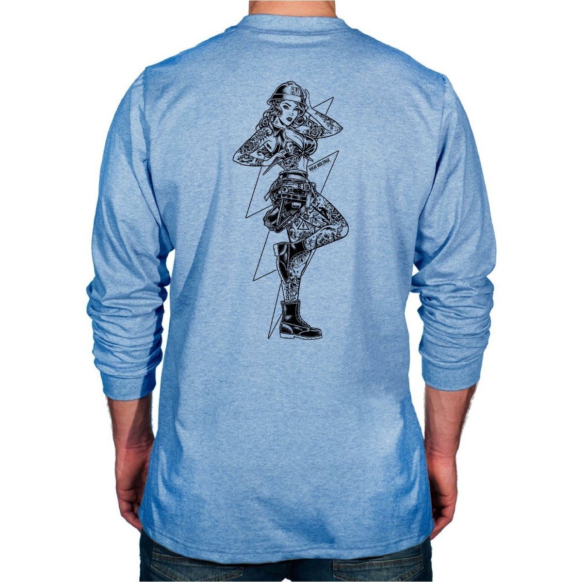 Flame Resistant light blue long-sleeve HVI x Benchmark HV Vixen FR shirt with black Vixen design on the back